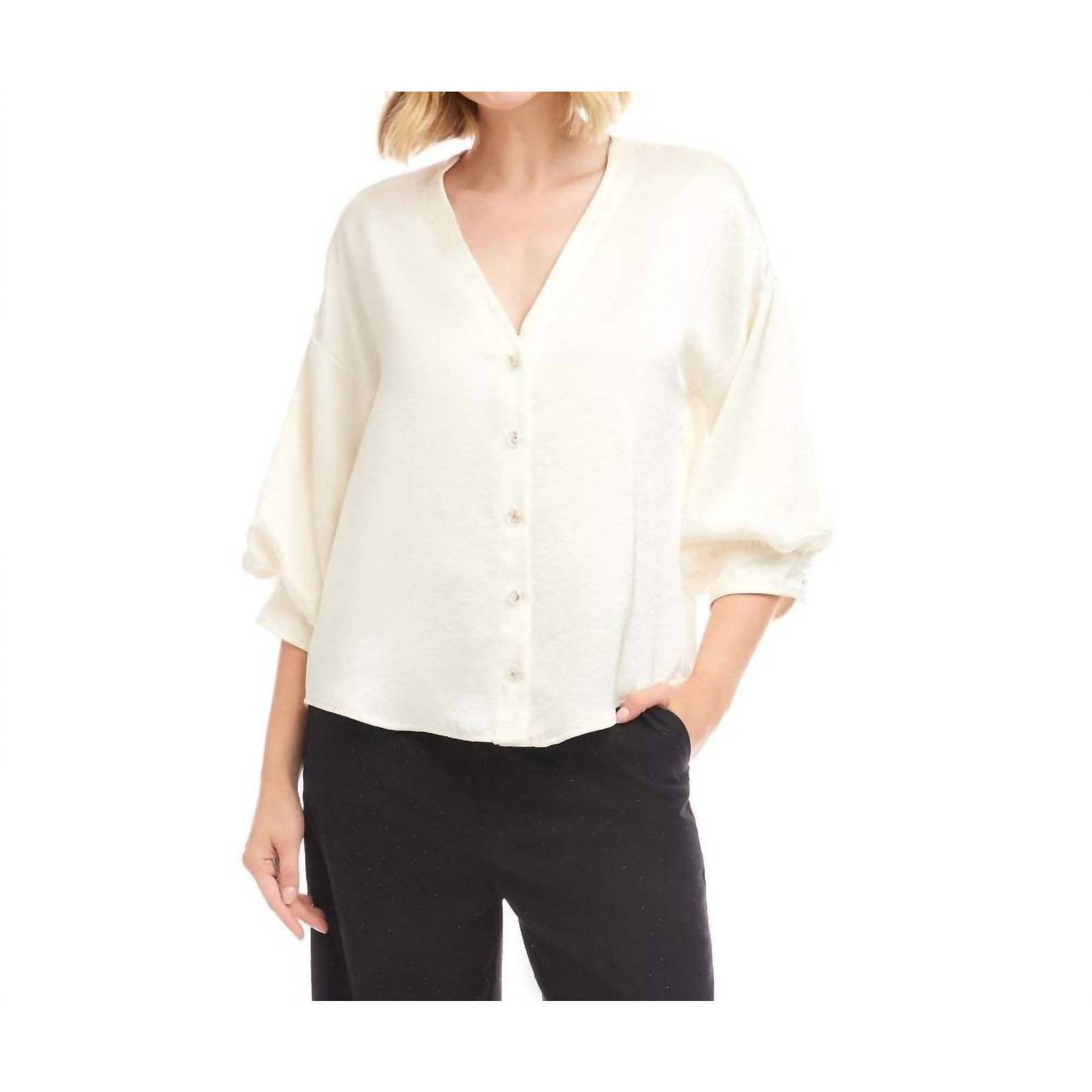 New Karen Kane Lantern Sleeve Crystal Rhinestone Button Satin Top In Cream